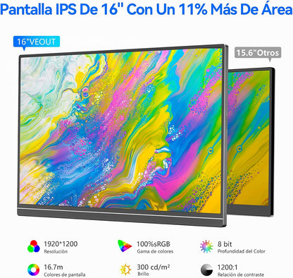 Monitor portátil de 16 Pulgadas, IPS 1920 x 1200P HDMI